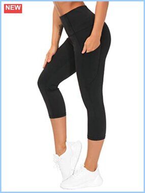 High Waist Capri Yoga Pants with Side Pockets, Nylon Workout Leggings